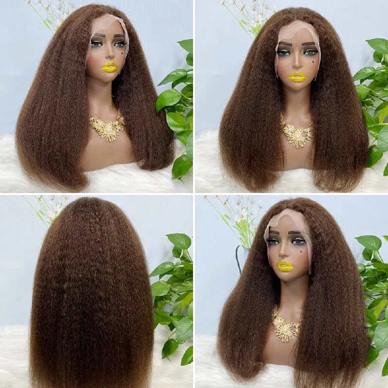 Lace wig in a chocolate - brown color for a rich and warm appearance13*4 Lace Wig Kinky Straight Natural Virgin Human Hair Lace Wigs Color 4# 200% Density Lace wig in a chocolate - brown color for a rich and warm appearance13*4 Lace Wig Kinky Straight Natural Virgin Human Hair Lace Wigs Color 4# 200% Density