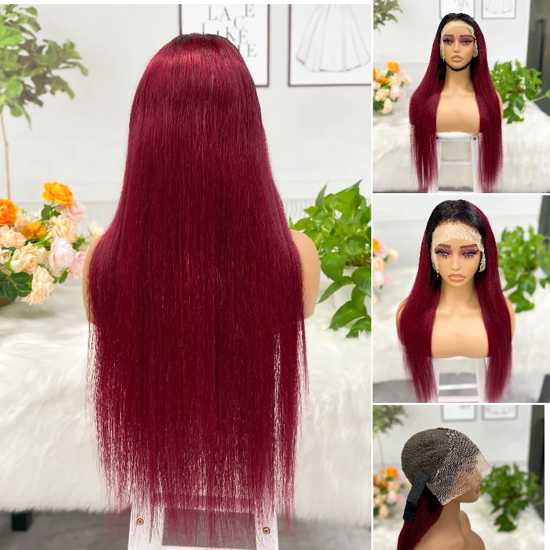 Lace wig with a pre - bleached knot for a natural - looking scalp13*4 Lace Wig Straight Natural Virgin Human Hair Lace Wigs ColorT1B/99J 250% Density Lace wig with a pre - bleached knot for a natural - looking scalp13*4 Lace Wig Straight Natural Virgin Human Hair Lace Wigs ColorT1B/99J 250% Density