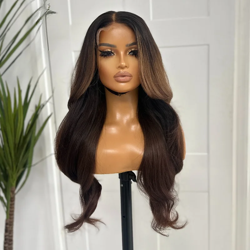 Human - hair wig with a pre - bleached knot for a natural - looking scalp24 inches Rooted Brown/Caramel Ombre Human Hair Lace Closure Wig-ANNIE Human - hair wig with a pre - bleached knot for a natural - looking scalp24 inches Rooted Brown/Caramel Ombre Human Hair Lace Closure Wig-ANNIE