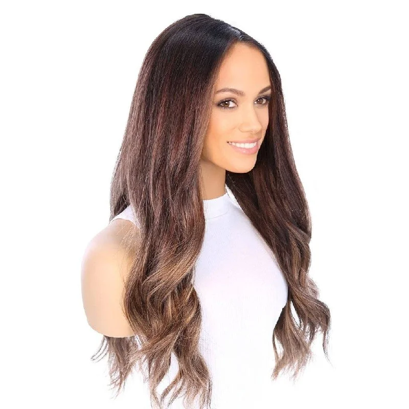 Human - hair wig with a pre - bleached knot for a natural - looking scalp26" Amber Silk Top Wig Dark Brown Balayage
