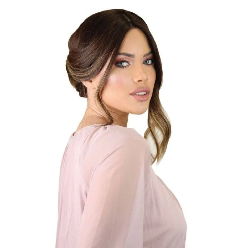 Human - hair wig with a side - part for a more flattering appearance26" Ponytail Silk Top Wig Dark Brown Balayage Human - hair wig with a side - part for a more flattering appearance26" Ponytail Silk Top Wig Dark Brown Balayage
