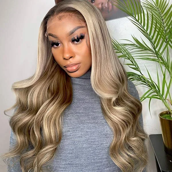 Lace wig with a side - swept bang for a sophisticated lookBlonde Highlights Wig Body Wave Transparent 13x4 Lace Frontal Blonde Balayage on Brown Hair Lace wig with a side - swept bang for a sophisticated lookBlonde Highlights Wig Body Wave Transparent 13x4 Lace Frontal Blonde Balayage on Brown Hair