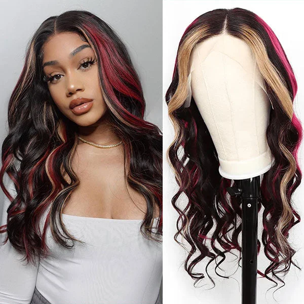Lace wig with a natural - looking root for a more realistic lookAshimary burgundy hair with blonde highlights 13x4 HD Transparent lace wigs online for sale Lace wig with a natural - looking root for a more realistic lookAshimary burgundy hair with blonde highlights 13x4 HD Transparent lace wigs online for sale