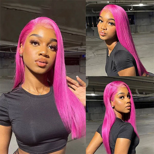 Lace wig with a side - part for a more flattering lookHot Pink Color HD Transparent 5x5/4x4 Lace Closure Wig Straight hair Lace wig with a side - part for a more flattering lookHot Pink Color HD Transparent 5x5/4x4 Lace Closure Wig Straight hair