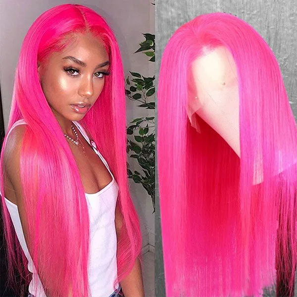 Human - hair lace wig for a luxurious and natural feelAshimary Hot Pink straight hair 13x4/13x6 HD Transparent Lace Frontal Wig
