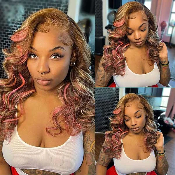 Full - lace wig with a natural - looking hairline for a seamless appearanceAshimary Pink Highlights In Brown Hair 13x4 HD Transparent Lace Wig Full - lace wig with a natural - looking hairline for a seamless appearanceAshimary Pink Highlights In Brown Hair 13x4 HD Transparent Lace Wig