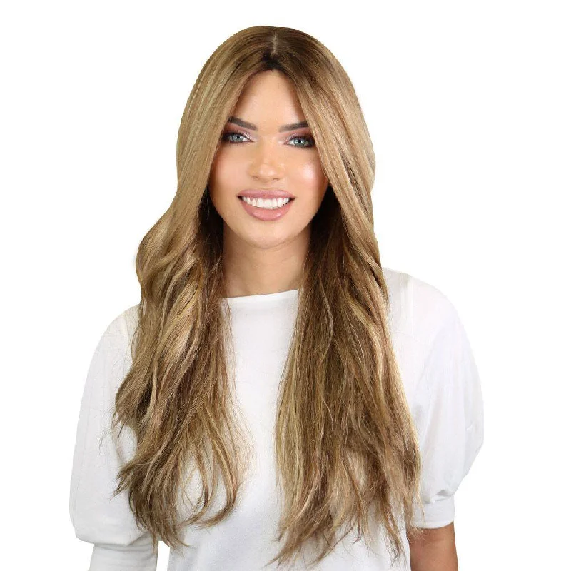Synthetic long - length wig with a natural - looking texture26" Ponytail Silk Top Wig Medium Blonde w/ Full Rooting Synthetic long - length wig with a natural - looking texture26" Ponytail Silk Top Wig Medium Blonde w/ Full Rooting